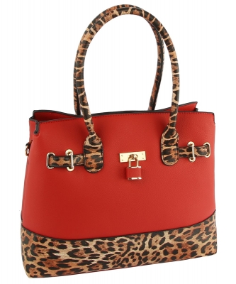 Leopard Colorblock Padlock Satchel LHU432 RED